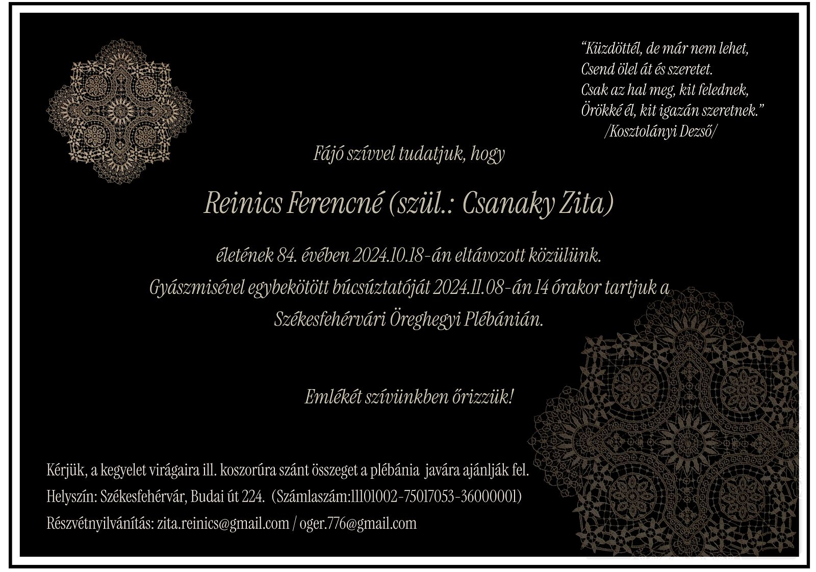 Elhunyt Reinics Ferencné - november 8-án lesz az Árpád Úti Óvoda egykori vezetőjének búcsúztatása